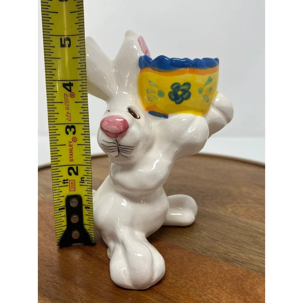 K's Collection White Bunny Rabbit Egg‎ Cup Holder Yellow Blue Floral Design